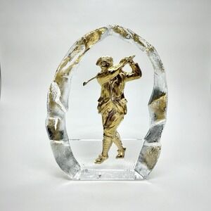 NYBRO Sweden Crystal Golfer Figurine Gold Relief Scandinavian Art 6.5" Vintage